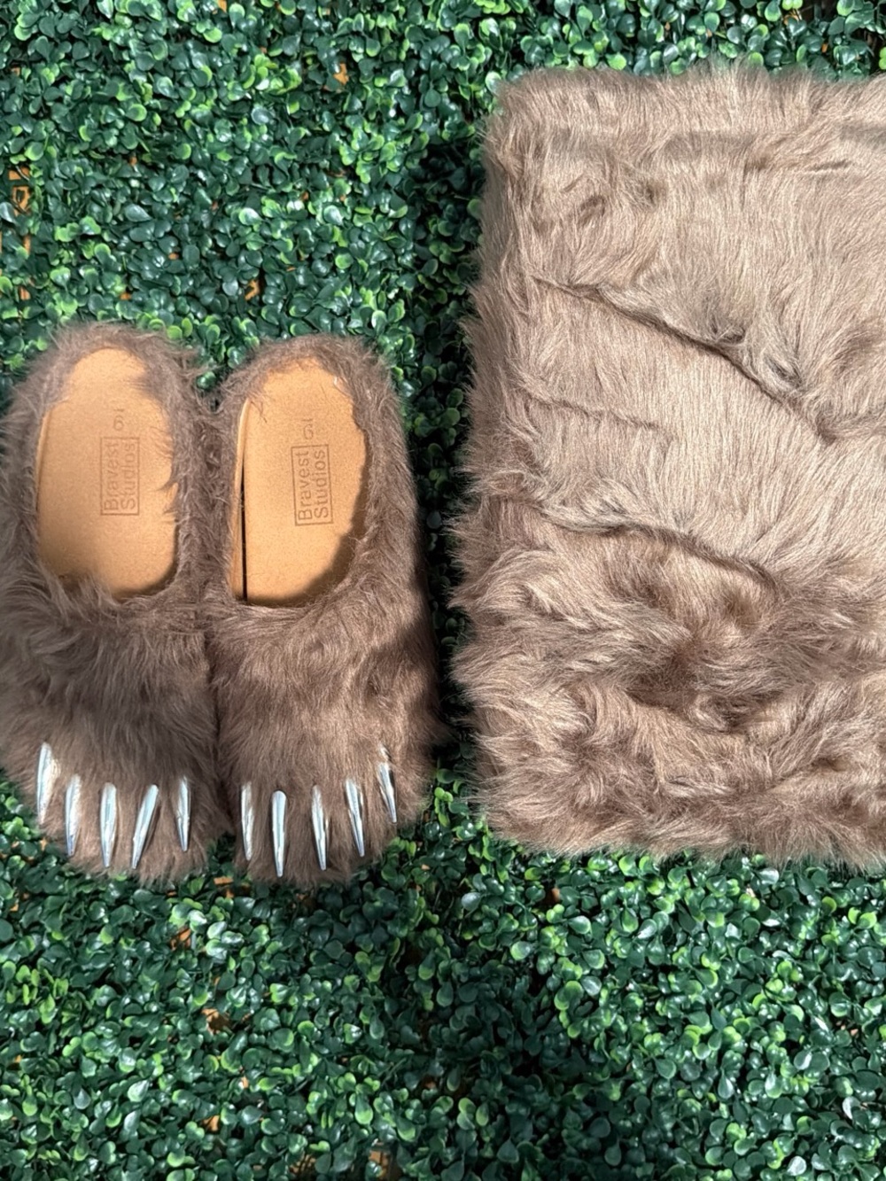 Bravest Studios Brown Fuzzy Kids Slippers with Silver Claws